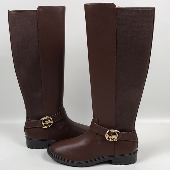 COACH Farrah Brown Leather Tall Riding Boots Logo Buckle NEW NWOB - Picture 1 of 15